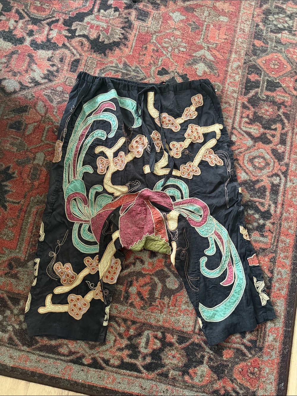 very rare embroidered Black Harem Pants with Mint & Coral Accents